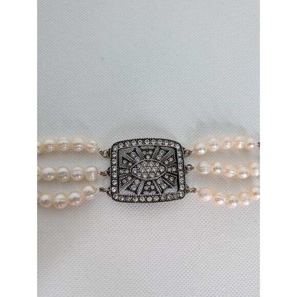 HALEY HILL SILVERTONE PEARL & RHINESTONE 3 STRAND BRACELET 1 1/2 X 7-9" - Picture 3 of 8